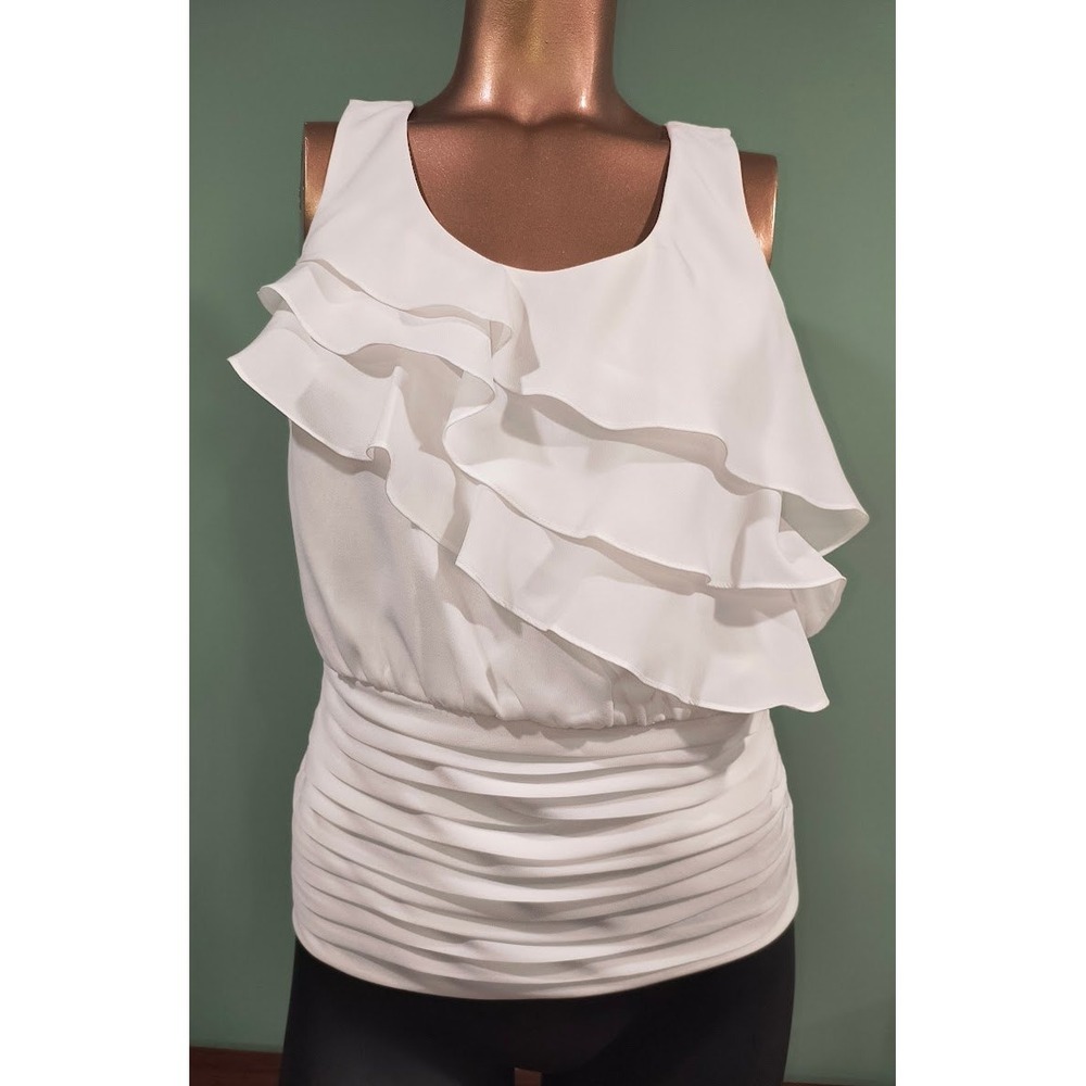 White House Black Market Ecru Ruffle Smocked Waist Sleeveless Blouse XS NWT